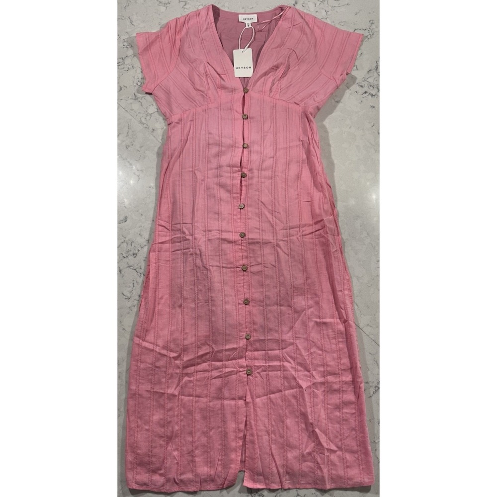 NWT HEYSON Midi Dress Womens Small Pink Bubblegum V-Neck Button Down Cap Sleeve